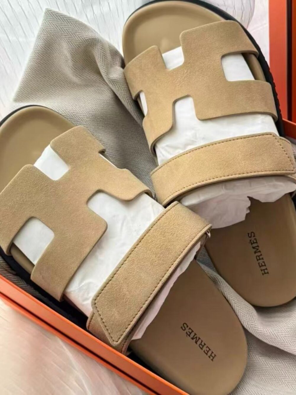 Hermès Chypre Beige Suede H Slide Sandals